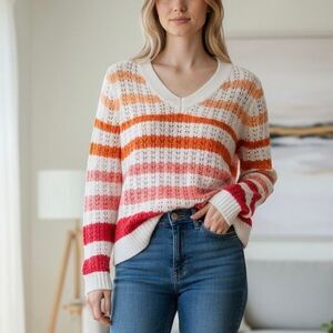 Talbots SP Multicolor Open Knit Striped Sweater Preppy Retro Chic Boho Old Money